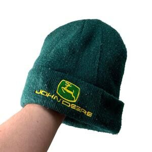 Vintage 90s Embroidered Green John Deer Knit Beanie